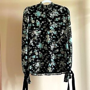 Juicy Couture Black Label Top - Black With Blue Flowers Velvet Tie Sleeve